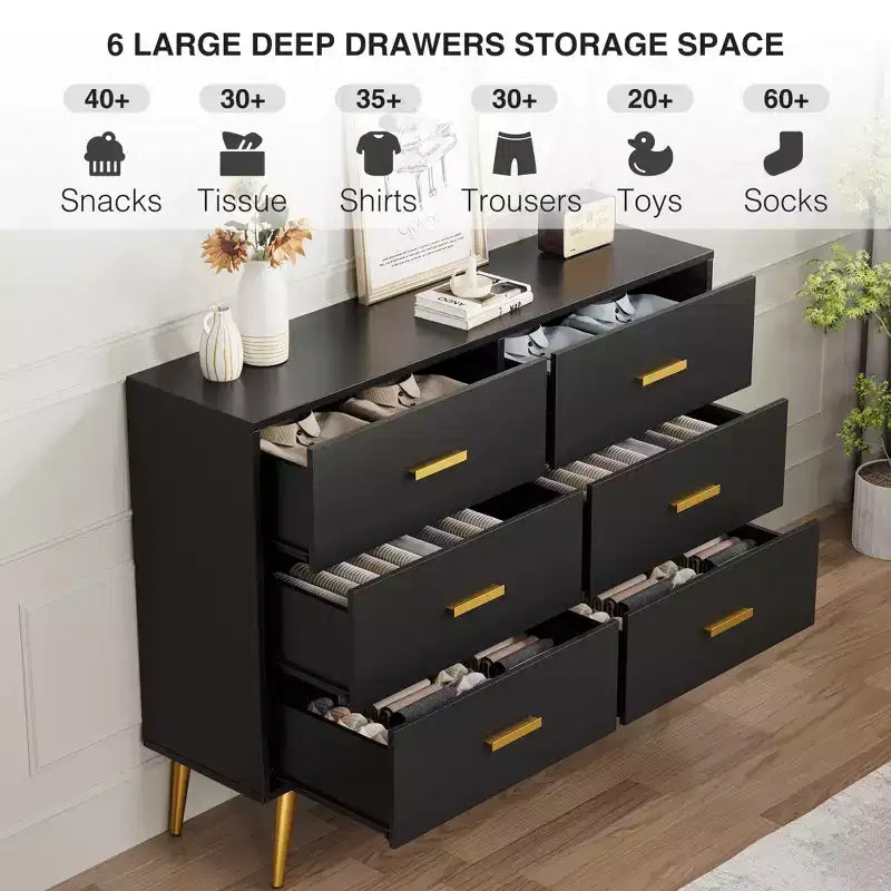 Cassettiera in Legno, Cassettiera Moderna a 6 Cassetti con Maniglie Dorate e Robuste Gambe in Metallo, Organizer per Cassetti da Camera da Letto per Soggiorno, Ingresso