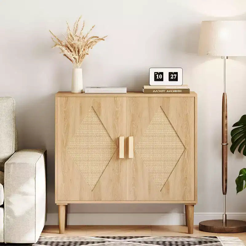 Credenza in Rattan con Doppie Ante, Mobile Contenitore Bohemien con Cassetti per Sala da Pranzo e Soggiorno