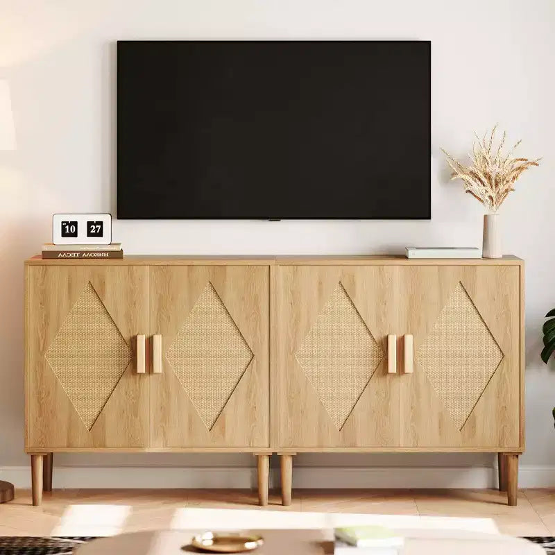 Credenza in Rattan con Doppie Ante, Mobile Contenitore Bohemien con Cassetti per Sala da Pranzo e Soggiorno