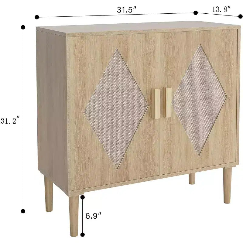 Credenza in Rattan con Doppie Ante, Mobile Contenitore Bohemien con Cassetti per Sala da Pranzo e Soggiorno