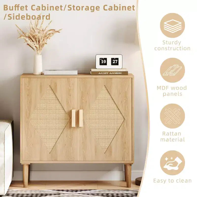 Credenza in Rattan con Doppie Ante, Mobile Contenitore Bohemien con Cassetti per Sala da Pranzo e Soggiorno