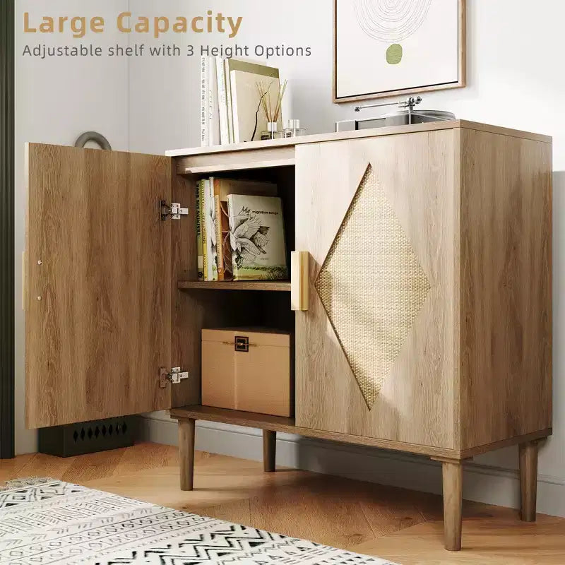 Credenza in Rattan con Doppie Ante, Mobile Contenitore Bohemien con Cassetti per Sala da Pranzo e Soggiorno