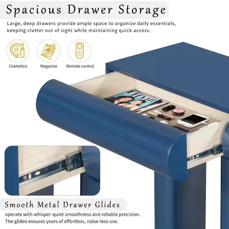 Tavolino da ingresso stretto moderno con cassetto curvo e gamba geometrica, tavolino salvaspazio per corridoio, soggiorno, camera da letto, piccoli appartamenti, atrio