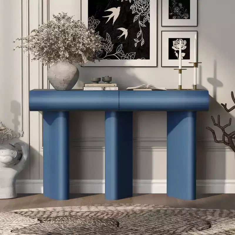 Tavolino da ingresso stretto moderno con cassetto curvo e gamba geometrica, tavolino salvaspazio per corridoio, soggiorno, camera da letto, piccoli appartamenti, atrio