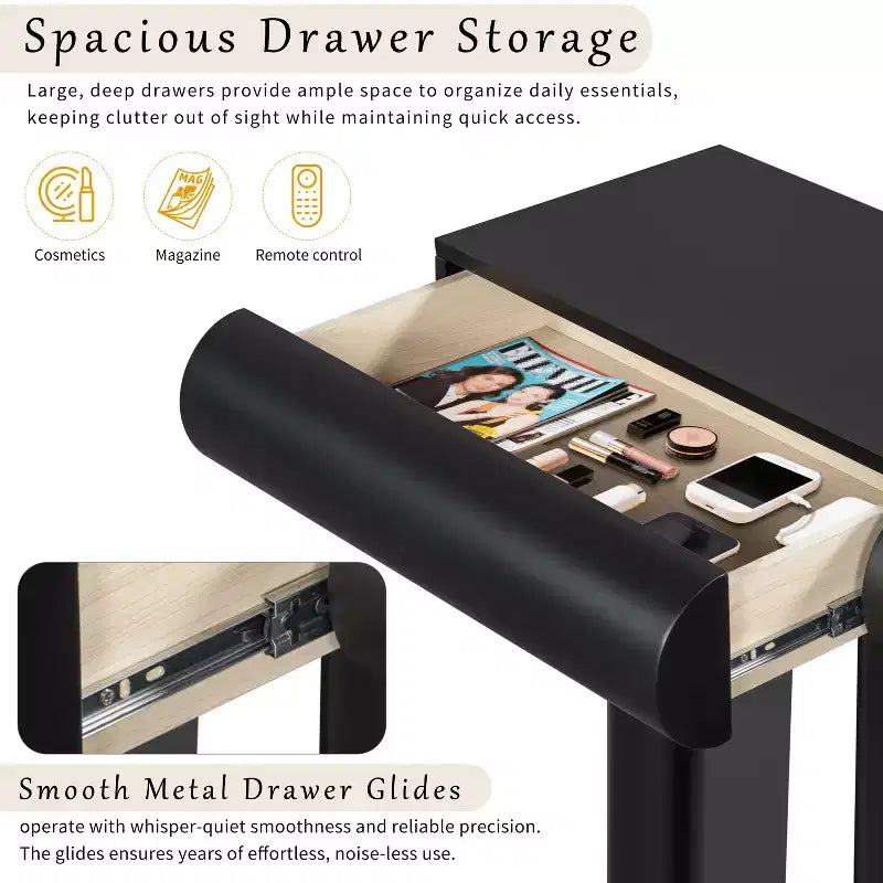 Tavolino da ingresso stretto moderno con cassetto curvo e gamba geometrica, tavolino salvaspazio per corridoio, soggiorno, camera da letto, piccoli appartamenti, atrio