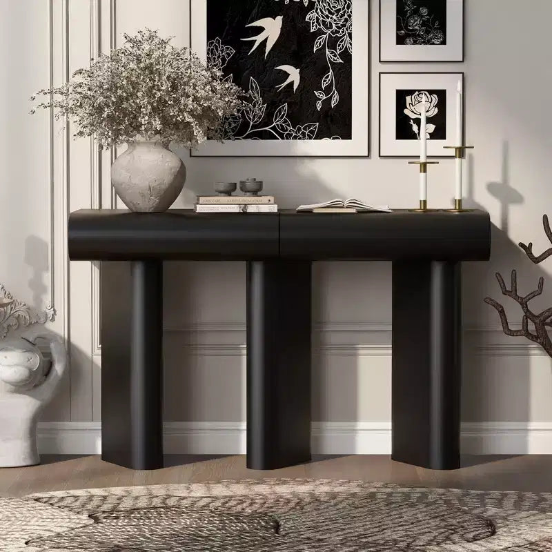 Tavolino da ingresso stretto moderno con cassetto curvo e gamba geometrica, tavolino salvaspazio per corridoio, soggiorno, camera da letto, piccoli appartamenti, atrio