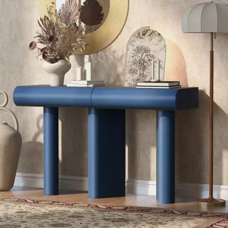 Tavolino da ingresso stretto moderno con cassetto curvo e gamba geometrica, tavolino salvaspazio per corridoio, soggiorno, camera da letto, piccoli appartamenti, atrio