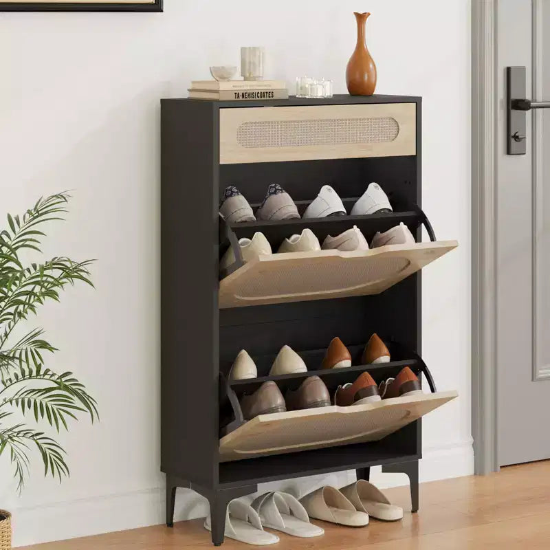 Scarpiera in Rattan con 2 Cassetti a Ribalta e 1 Cassetto Estraibile, Mobile Contenitore per Scarpe, Scaffale Regolabile a 3 Posizioni, Scarpiera Stretta per Ingresso