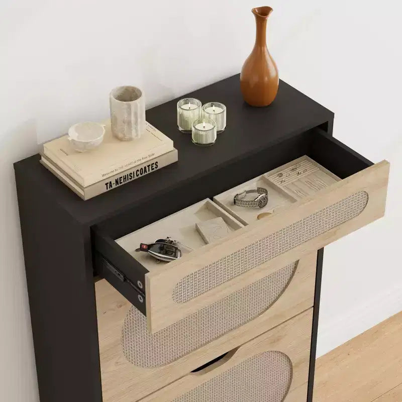 Scarpiera in Rattan con 2 Cassetti a Ribalta e 1 Cassetto Estraibile, Mobile Contenitore per Scarpe, Scaffale Regolabile a 3 Posizioni, Scarpiera Stretta per Ingresso