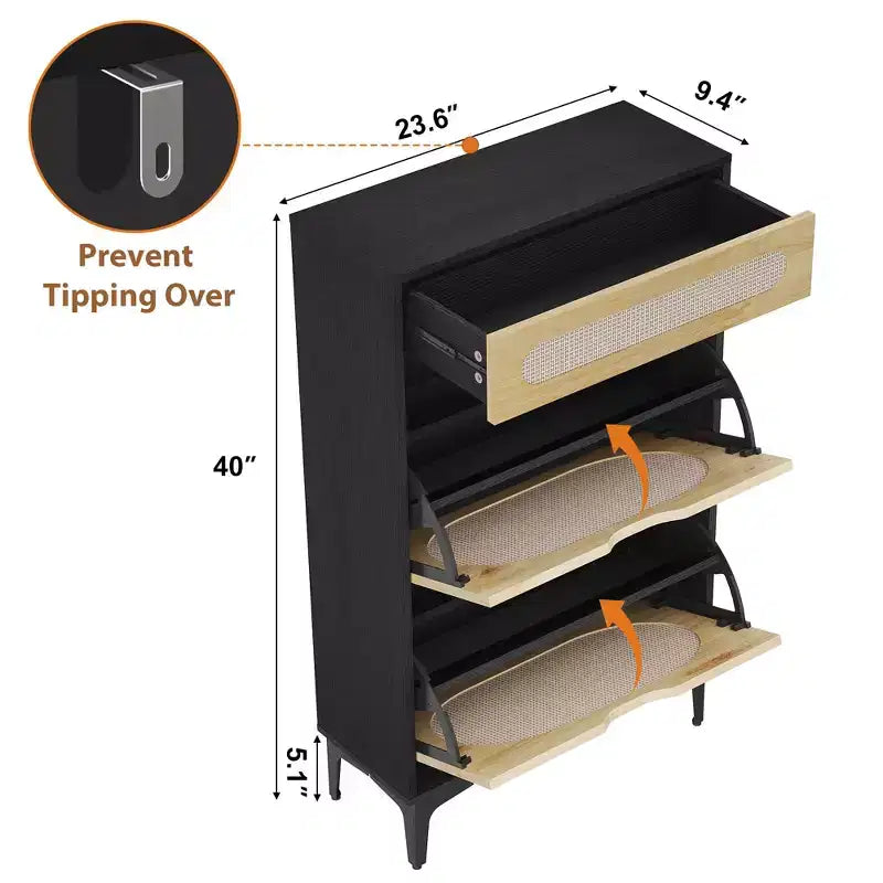 Scarpiera in Rattan con 2 Cassetti a Ribalta e 1 Cassetto Estraibile, Mobile Contenitore per Scarpe, Scaffale Regolabile a 3 Posizioni, Scarpiera Stretta per Ingresso