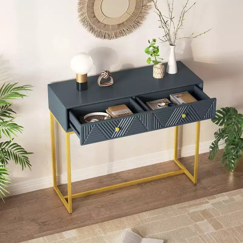 Tavolino da ingresso moderno con gambe dorate, consolle stretta con 2 cassetti e design a strisce, tavolino d'accento per soggiorno, corridoio