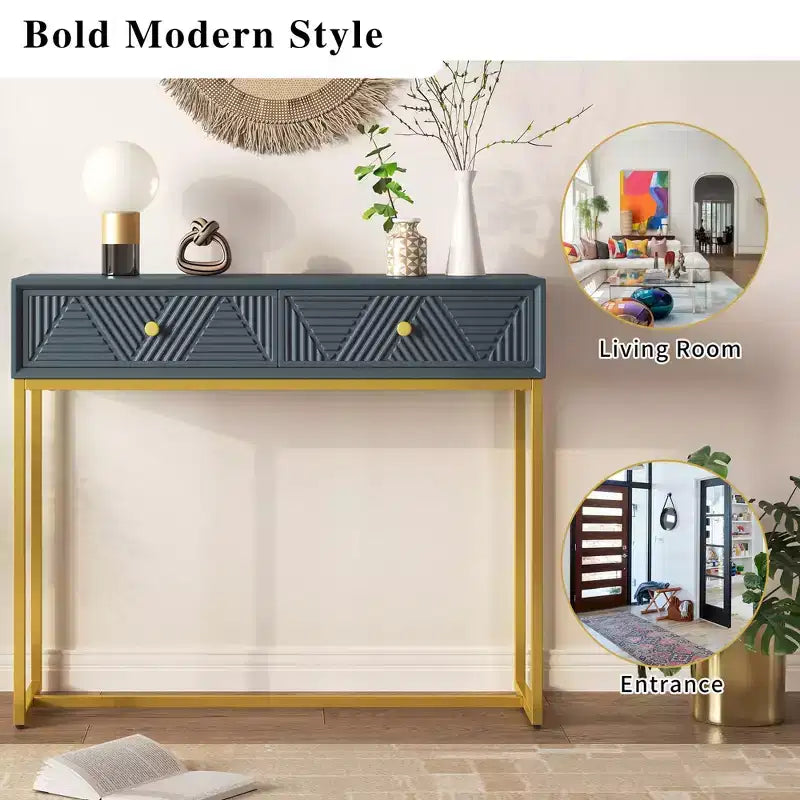 Tavolino da ingresso moderno con gambe dorate, consolle stretta con 2 cassetti e design a strisce, tavolino d'accento per soggiorno, corridoio