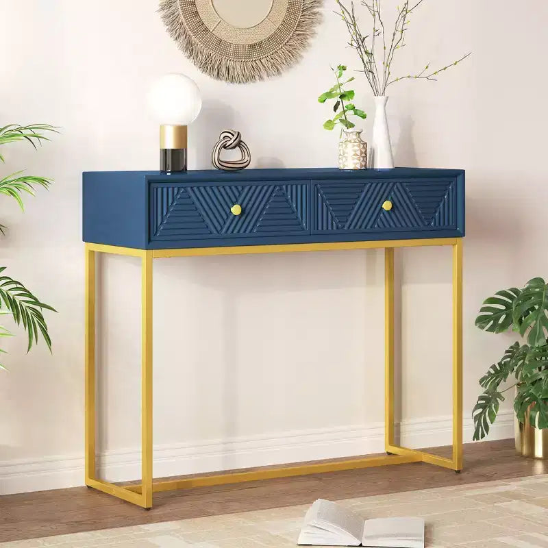 Tavolino da ingresso moderno con gambe dorate, consolle stretta con 2 cassetti e design a strisce, tavolino d'accento per soggiorno, corridoio