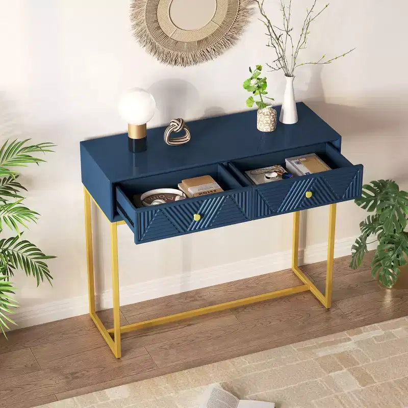 Tavolino da ingresso moderno con gambe dorate, consolle stretta con 2 cassetti e design a strisce, tavolino d'accento per soggiorno, corridoio