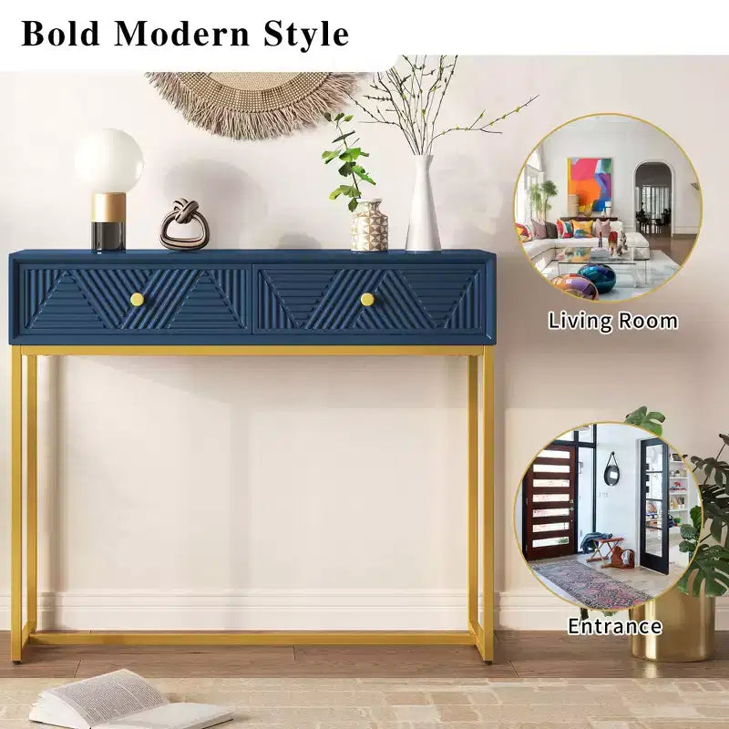 Tavolino da ingresso moderno con gambe dorate, consolle stretta con 2 cassetti e design a strisce, tavolino d'accento per soggiorno, corridoio