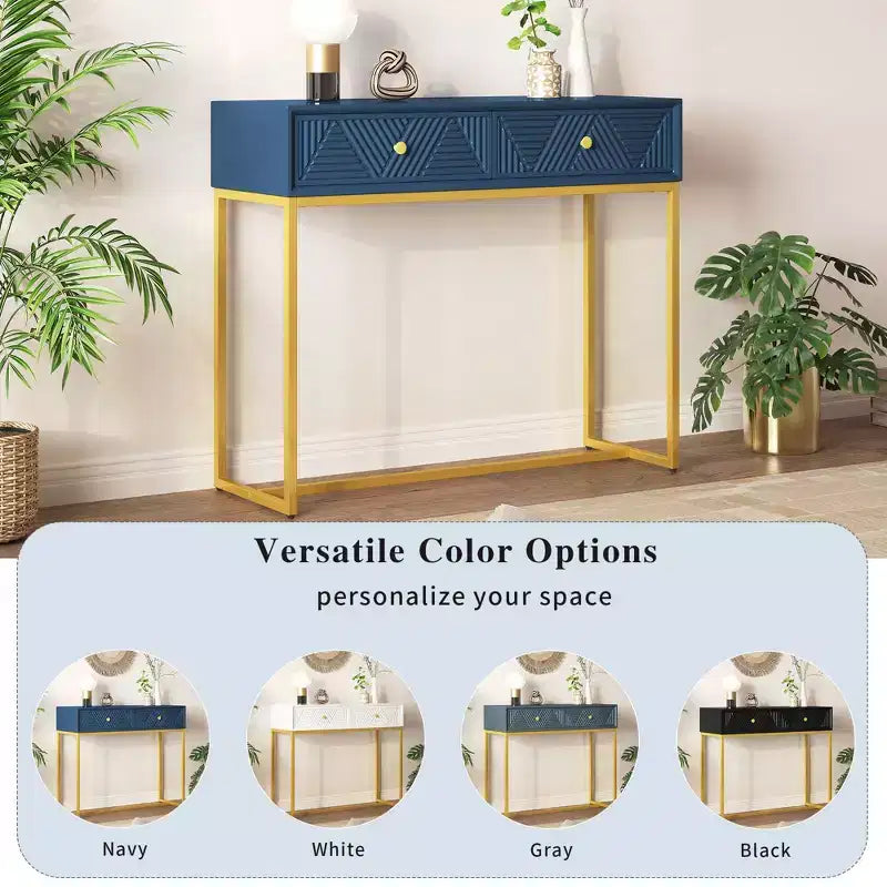 Tavolino da ingresso moderno con gambe dorate, consolle stretta con 2 cassetti e design a strisce, tavolino d'accento per soggiorno, corridoio