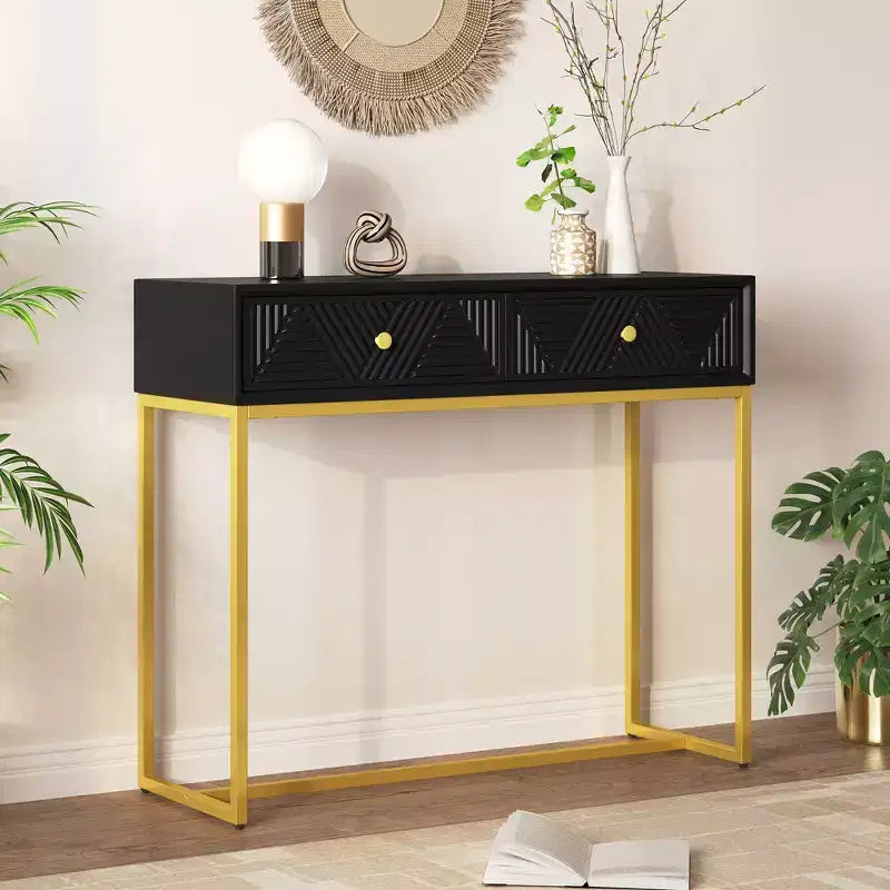 Tavolino da ingresso moderno con gambe dorate, consolle stretta con 2 cassetti e design a strisce, tavolino d'accento per soggiorno, corridoio