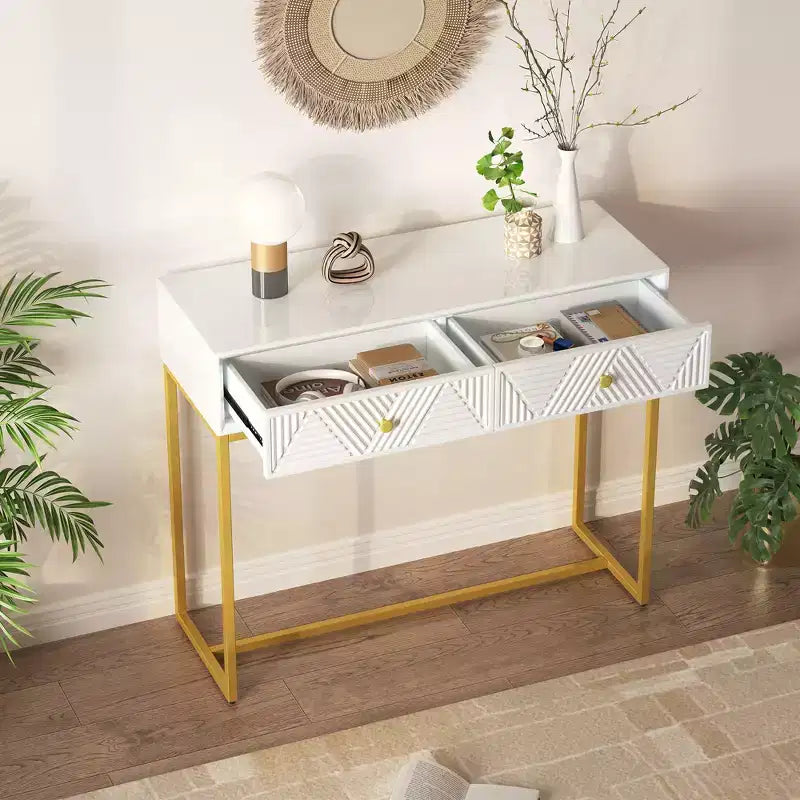 Tavolino da ingresso moderno con gambe dorate, consolle stretta con 2 cassetti e design a strisce, tavolino d'accento per soggiorno, corridoio