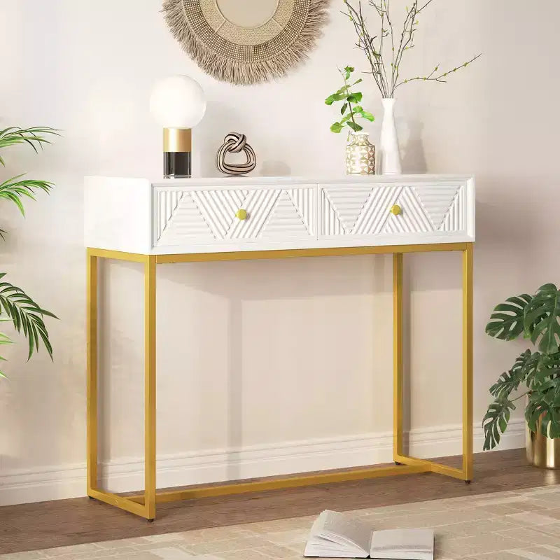 Tavolino da ingresso moderno con gambe dorate, consolle stretta con 2 cassetti e design a strisce, tavolino d'accento per soggiorno, corridoio
