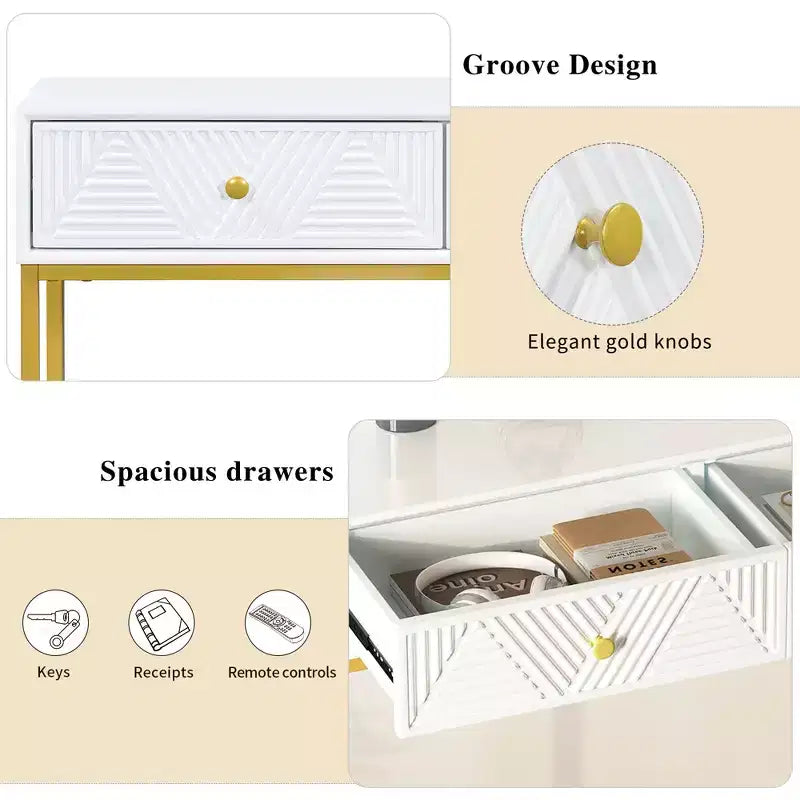 Tavolino da ingresso moderno con gambe dorate, consolle stretta con 2 cassetti e design a strisce, tavolino d'accento per soggiorno, corridoio