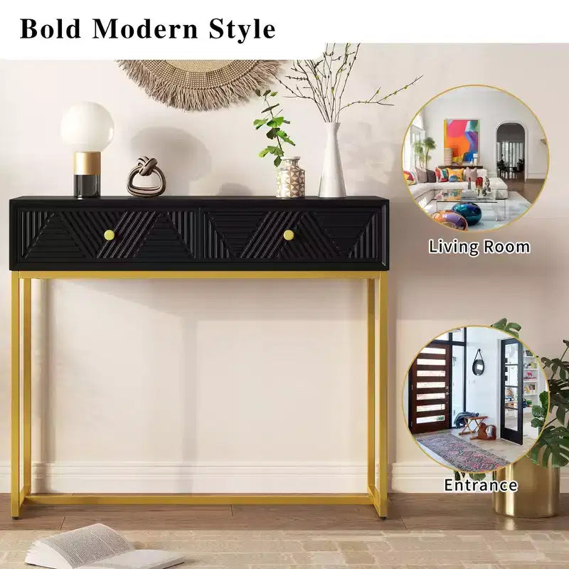 Tavolino da ingresso moderno con gambe dorate, consolle stretta con 2 cassetti e design a strisce, tavolino d'accento per soggiorno, corridoio
