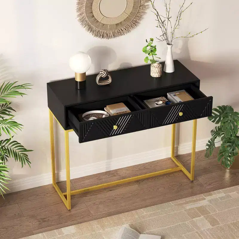 Tavolino da ingresso moderno con gambe dorate, consolle stretta con 2 cassetti e design a strisce, tavolino d'accento per soggiorno, corridoio