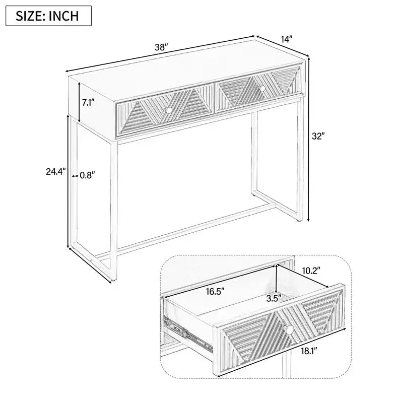 Tavolino da ingresso moderno con gambe dorate, consolle stretta con 2 cassetti e design a strisce, tavolino d'accento per soggiorno, corridoio