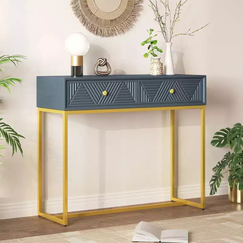 Tavolino da ingresso moderno con gambe dorate, consolle stretta con 2 cassetti e design a strisce, tavolino d'accento per soggiorno, corridoio
