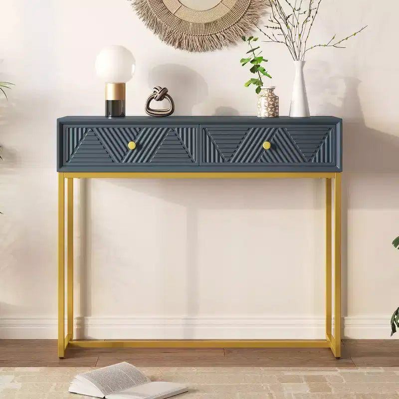 Tavolino da ingresso moderno con gambe dorate, consolle stretta con 2 cassetti e design a strisce, tavolino d'accento per soggiorno, corridoio