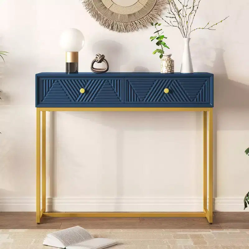Tavolino da ingresso moderno con gambe dorate, consolle stretta con 2 cassetti e design a strisce, tavolino d'accento per soggiorno, corridoio