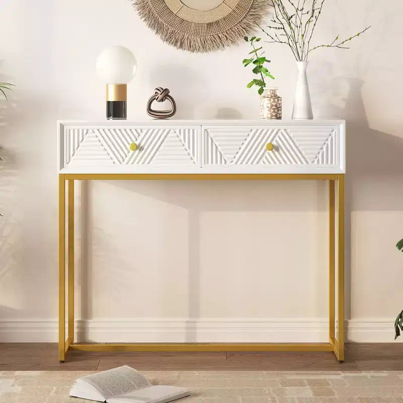Tavolino da ingresso moderno con gambe dorate, consolle stretta con 2 cassetti e design a strisce, tavolino d'accento per soggiorno, corridoio