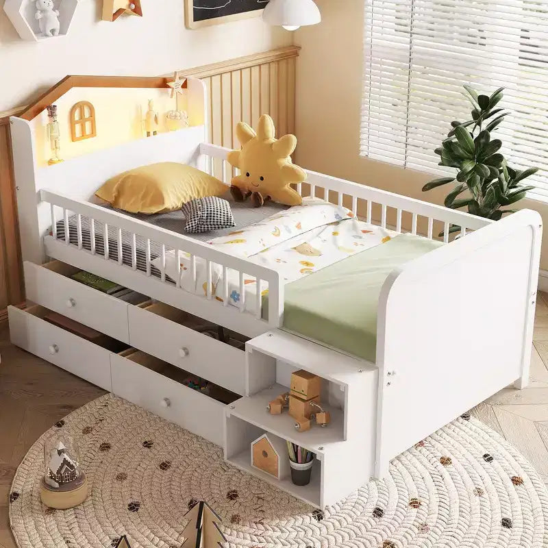 Letto a soppalco basso per ragazzi con luci a LED, testiera a forma di casetta e cassetti, struttura solida