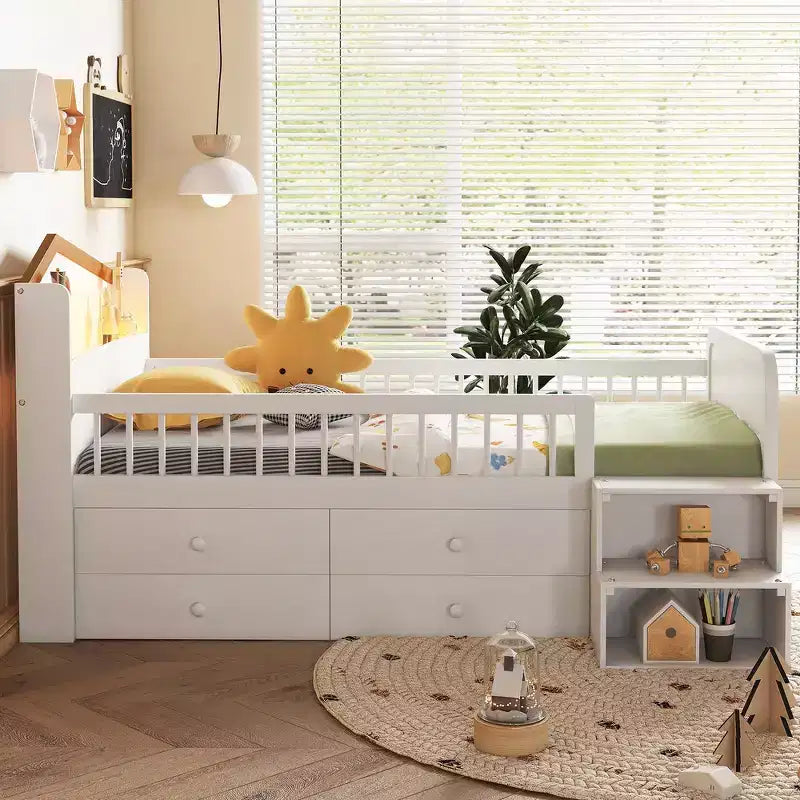 Letto a soppalco basso per ragazzi con luci a LED, testiera a forma di casetta e cassetti, struttura solida