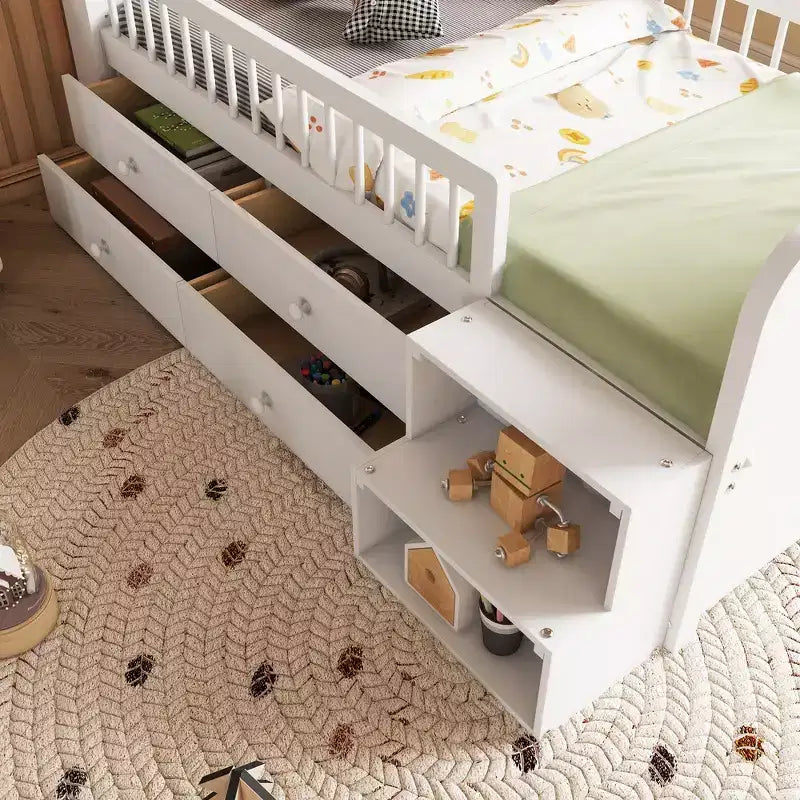 Letto a soppalco basso per ragazzi con luci a LED, testiera a forma di casetta e cassetti, struttura solida