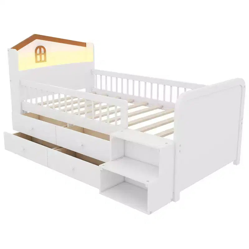 Letto a soppalco basso per ragazzi con luci a LED, testiera a forma di casetta e cassetti, struttura solida
