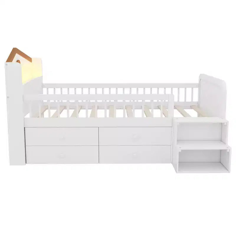 Letto a soppalco basso per ragazzi con luci a LED, testiera a forma di casetta e cassetti, struttura solida