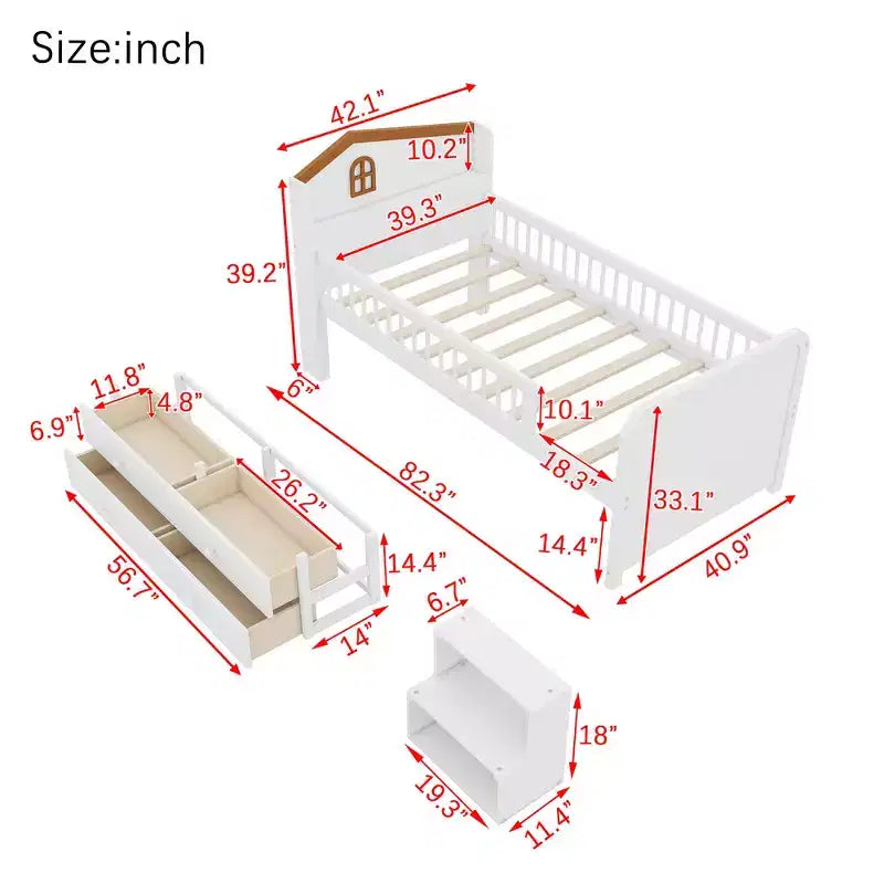 Letto a soppalco basso per ragazzi con luci a LED, testiera a forma di casetta e cassetti, struttura solida