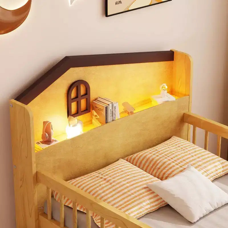 Letto a soppalco basso per ragazzi con luci a LED, testiera a forma di casetta e cassetti, struttura solida