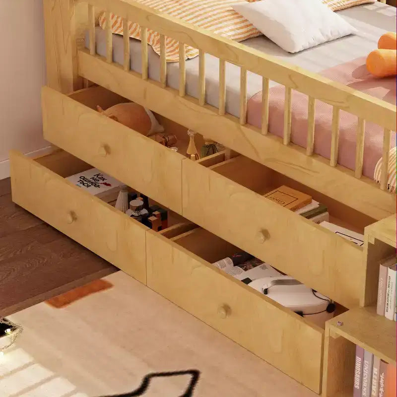 Letto a soppalco basso per ragazzi con luci a LED, testiera a forma di casetta e cassetti, struttura solida