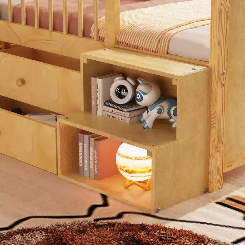 Letto a soppalco basso per ragazzi con luci a LED, testiera a forma di casetta e cassetti, struttura solida