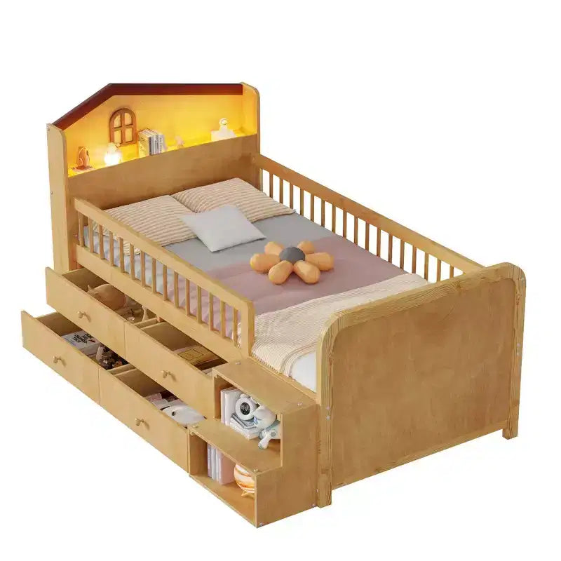 Letto a soppalco basso per ragazzi con luci a LED, testiera a forma di casetta e cassetti, struttura solida
