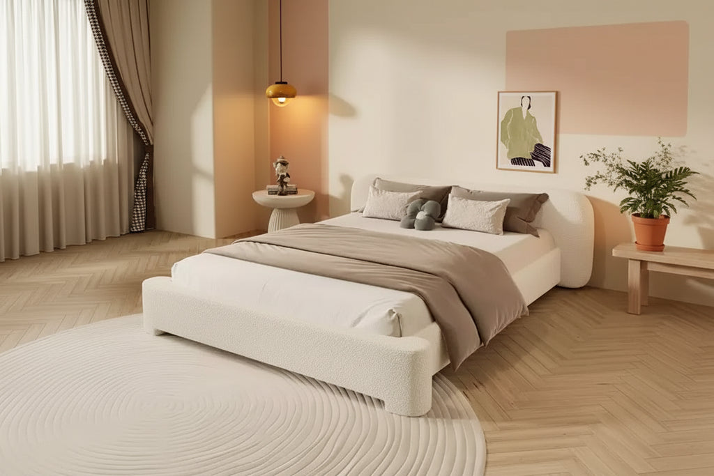 Elegant Platform Bed, Boucle Fabric Upholstered Bed Frame with Soft Headboard, Full/Queen/King Size, White - ModernLuxe