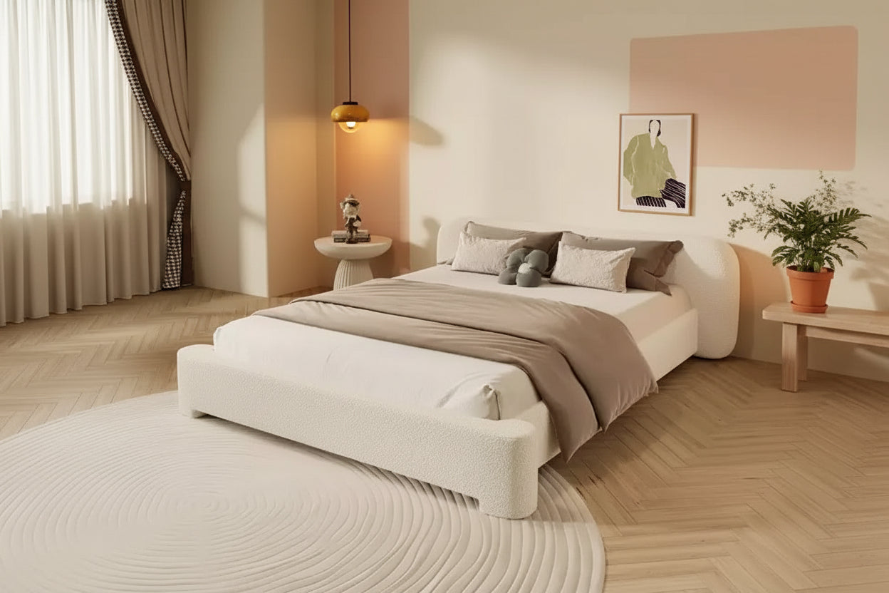 Elegant Platform Bed, Boucle Fabric Upholstered Bed Frame with Soft Headboard, Full/Queen/King Size, White - ModernLuxe