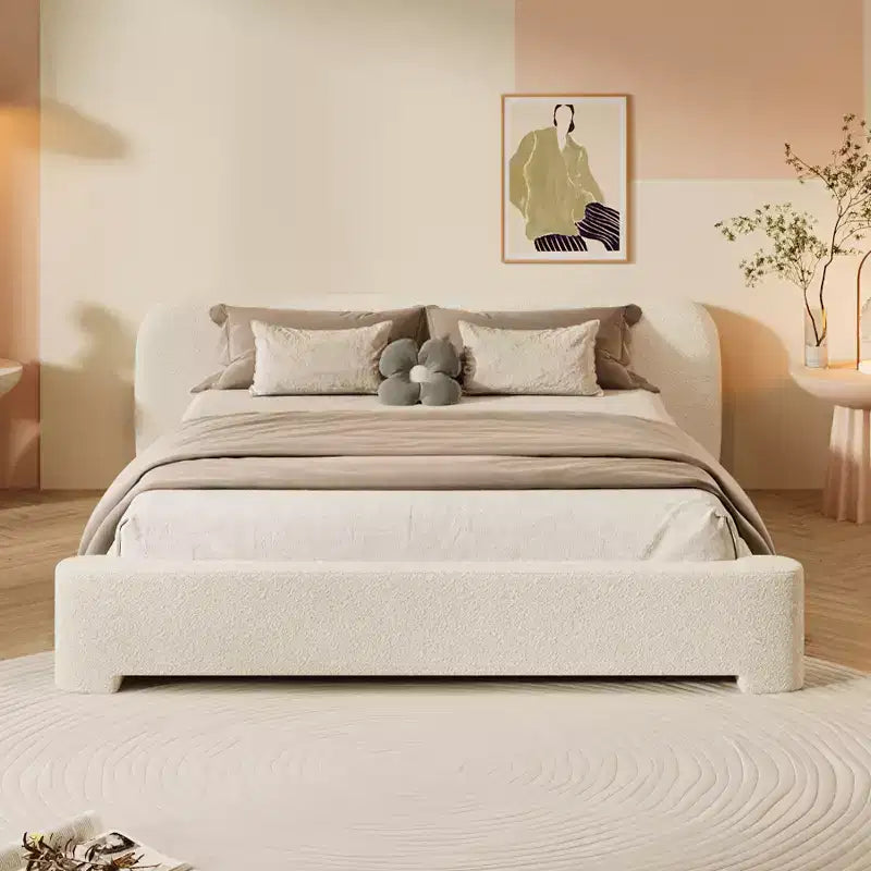 Elegante Letto con Piattaforma, Struttura Imbottita in Tessuto Bouclé con Testiera Morbida, Misura Matrimoniale/Queen/King, Bianco - ModernLuxe