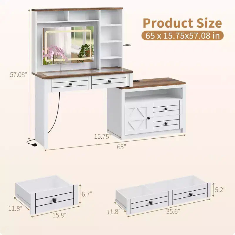 COZONY Angolo Trucco Vanity, Specchio LED, Piano in Vetro, Prese & USB, 1 Anta, 4 Cassetti, 7 Ripiani