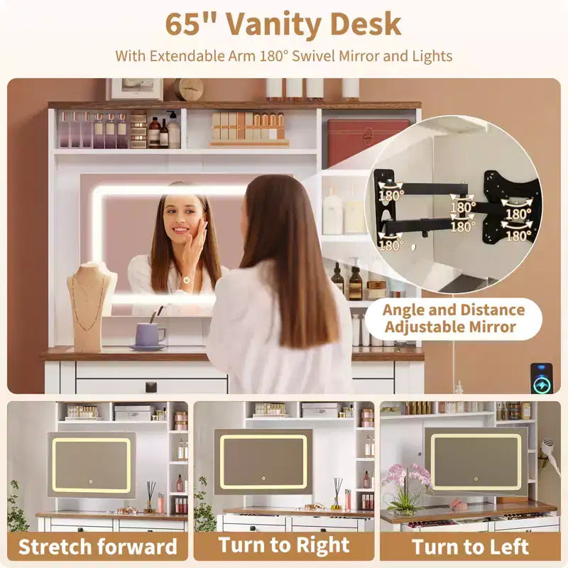 COZONY Angolo Trucco Vanity, Specchio LED, Piano in Vetro, Prese & USB, 1 Anta, 4 Cassetti, 7 Ripiani