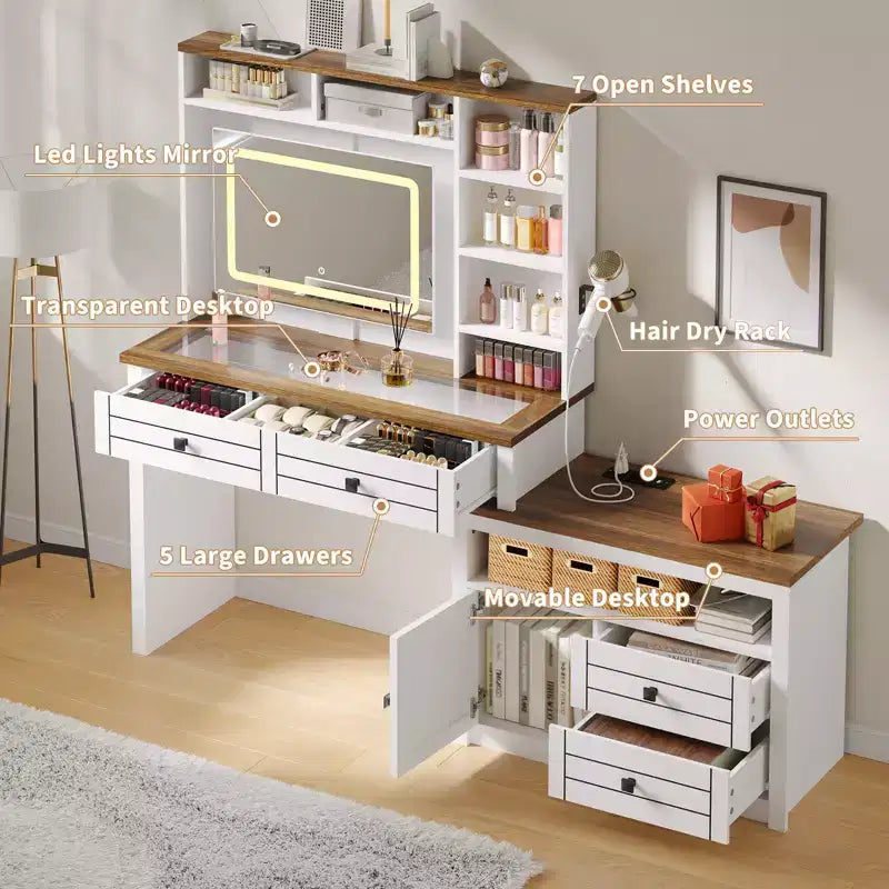 COZONY Angolo Trucco Vanity, Specchio LED, Piano in Vetro, Prese & USB, 1 Anta, 4 Cassetti, 7 Ripiani
