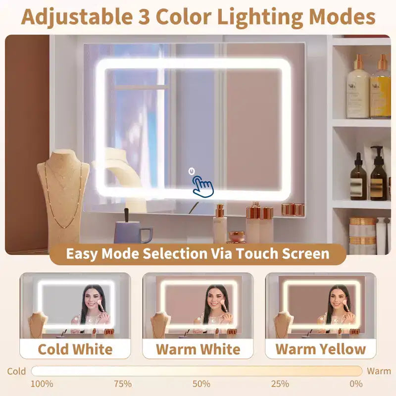 COZONY Angolo Trucco Vanity, Specchio LED, Piano in Vetro, Prese & USB, 1 Anta, 4 Cassetti, 7 Ripiani