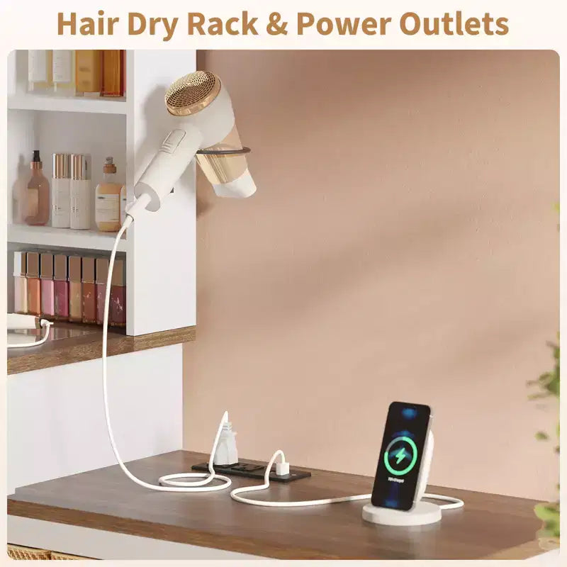 COZONY Angolo Trucco Vanity, Specchio LED, Piano in Vetro, Prese & USB, 1 Anta, 4 Cassetti, 7 Ripiani