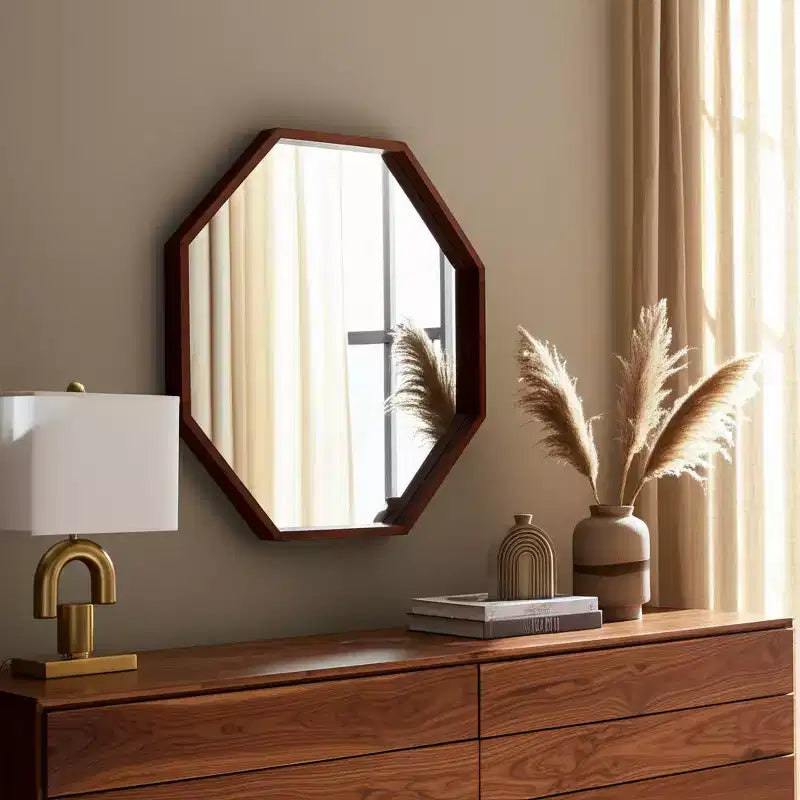Specchio da parete con cornice in legno moderna - Ottagonale da 30 cm - Decorazione per casa, ufficio, camera da letto o soggiorno